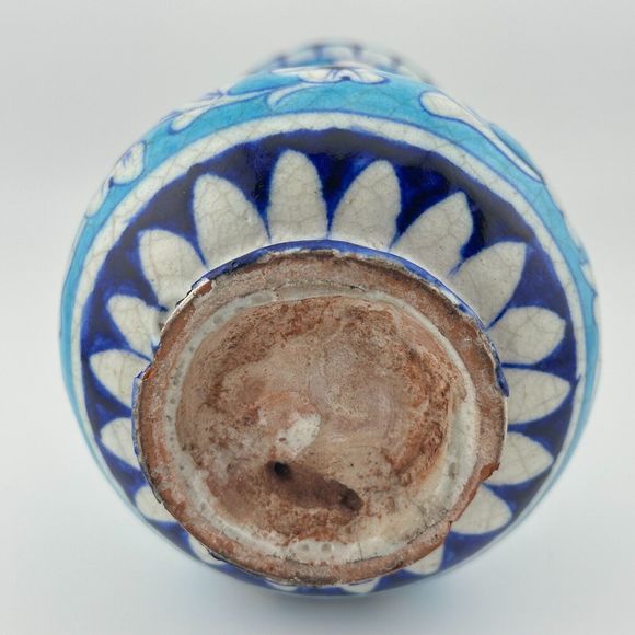 Antique Handmade Hand Painted Glazed Terracotta Vase Iznic Pottery Blue 6.5" H - Picture 10 of 12